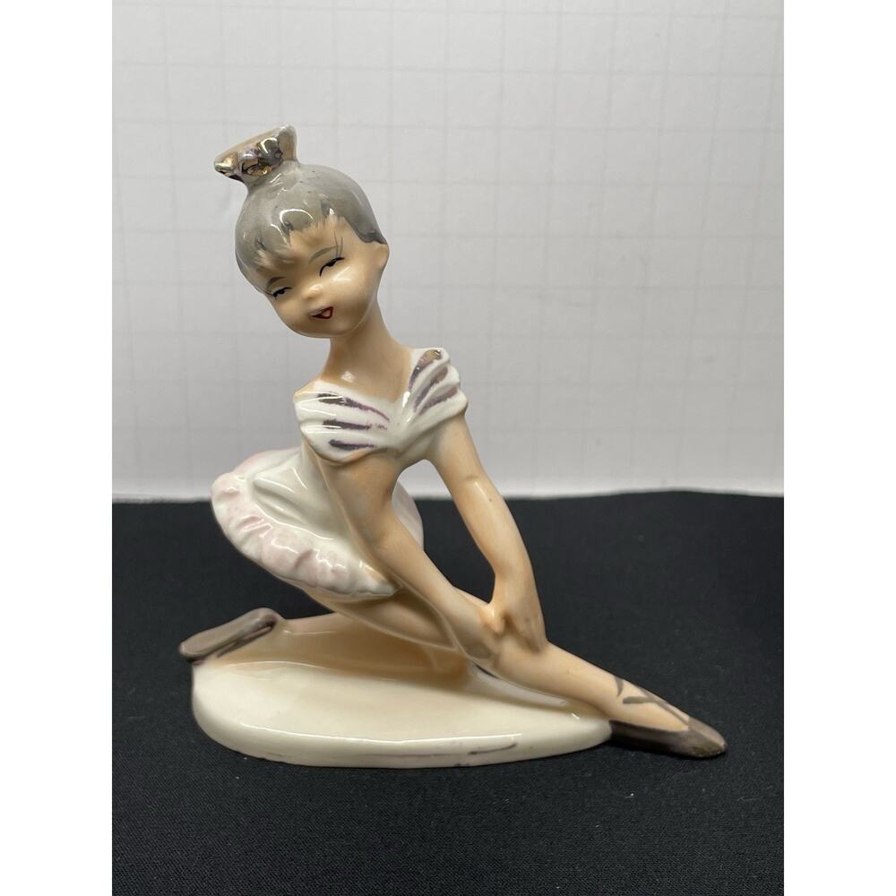 Vintage 1950s MCM Fine Glazed Porcelain Ballerina with Gold Tiara and Pink Tutu